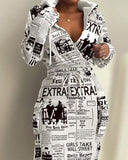 Newspaper Print Drawstring Waist Hooded Sweatshirt Dress