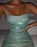 Rhinestone Strap Glitter Ruched Party Dress