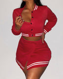 Buttoned Striped Baseball Jacket & Slit Skirt Set