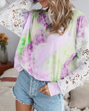 Crochet Lace Sleeve Tie Dye Print Casual Top