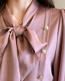 Long Sleeve Tie Neck Button Decor Top
