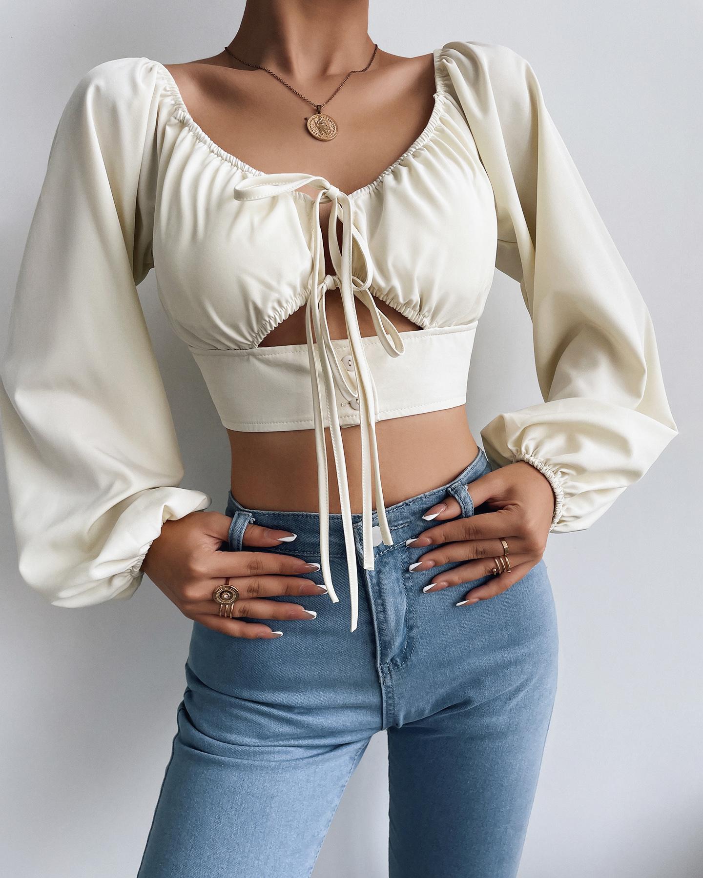 Solid Lace up Front Cut Out Crop Top