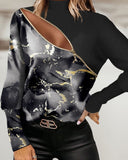 Abstract Print Zip Front Long Sleeve Top