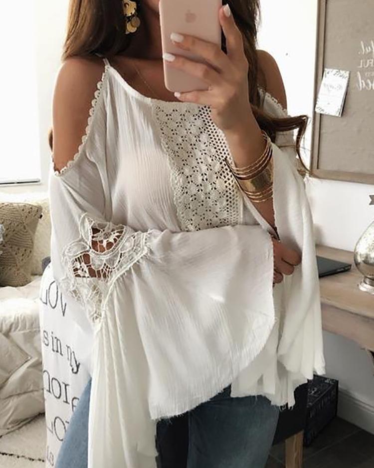 Flared Sleeve Crochet Lace Splicing Blouse