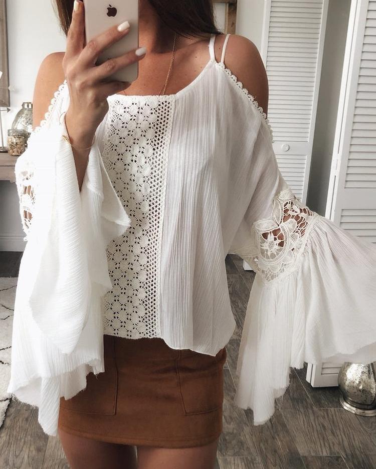 Flared Sleeve Crochet Lace Splicing Blouse