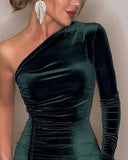 One Shoulder Ruched Velvet Party Dress