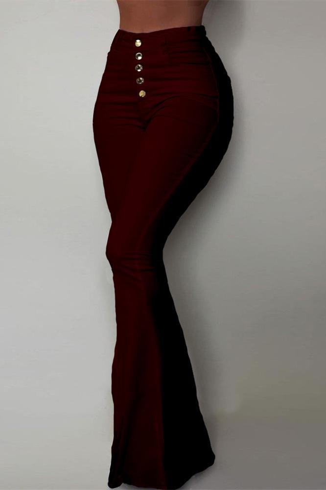 fashion solid color high waist hip package flared trousers