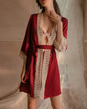 Satin Lace Trim Bell Sleeve Robe With Belt