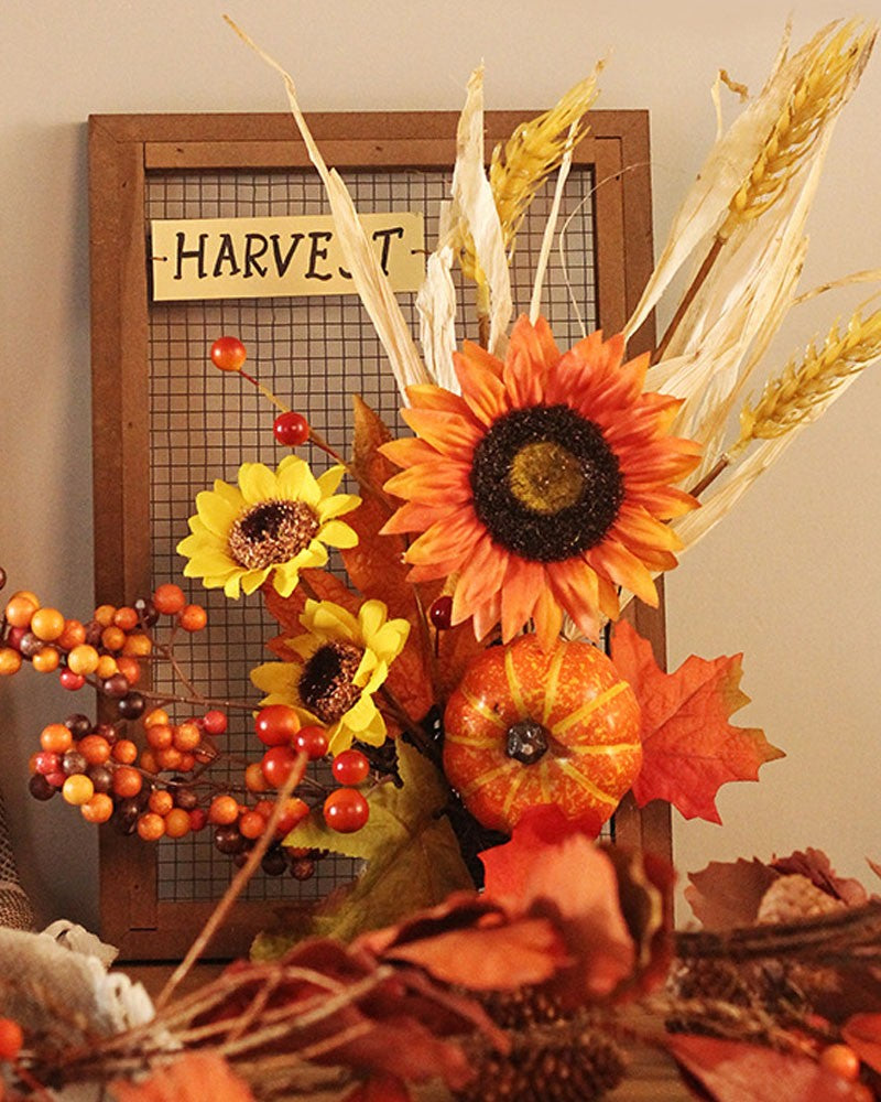 Artificial Sunflower Pumpkin Wreath Wall Hanging Photo Frame Ornament For Halloween Autumn Harvest Holiday Decor