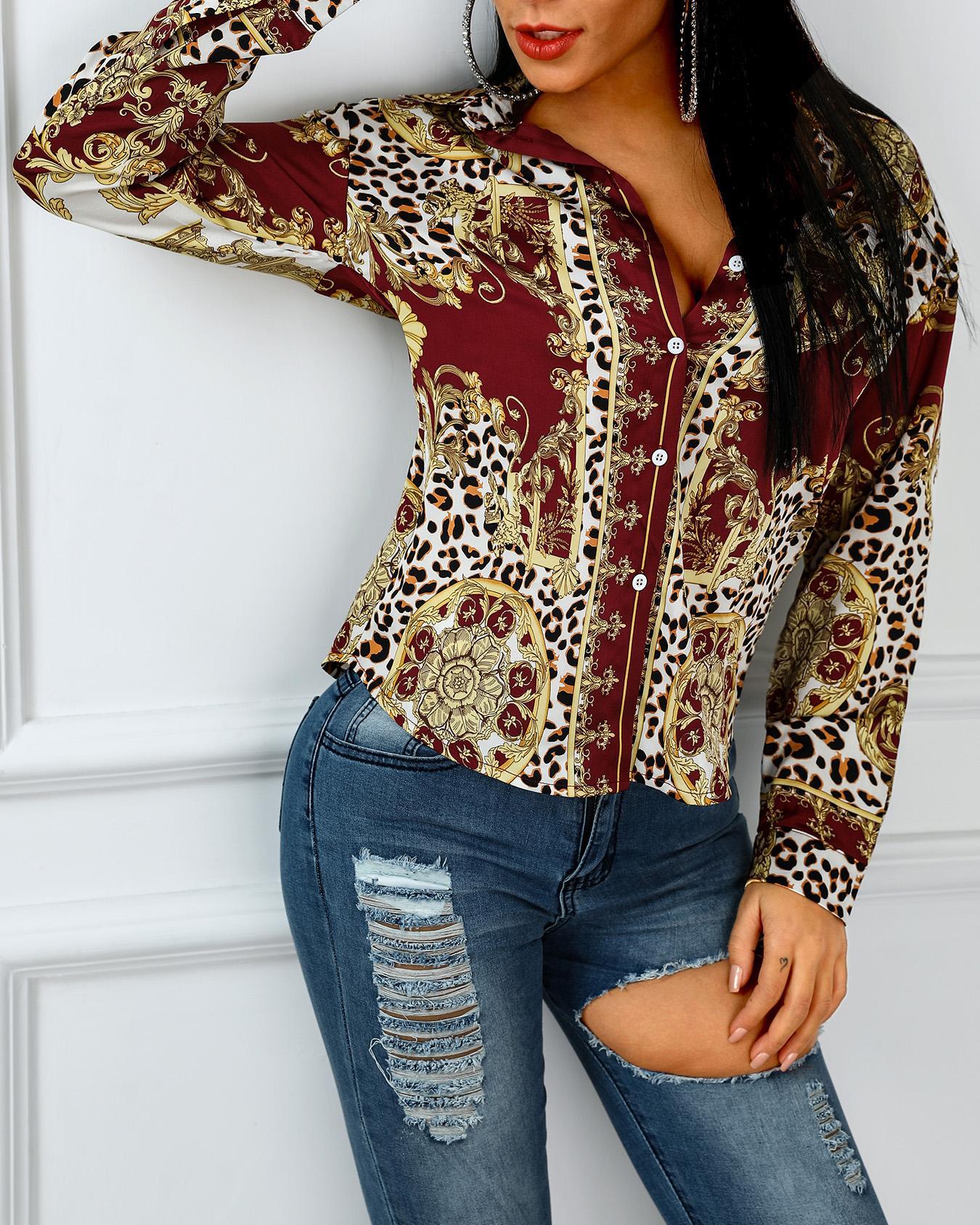 Ethnic Print Button Up Long Sleeve Blouse