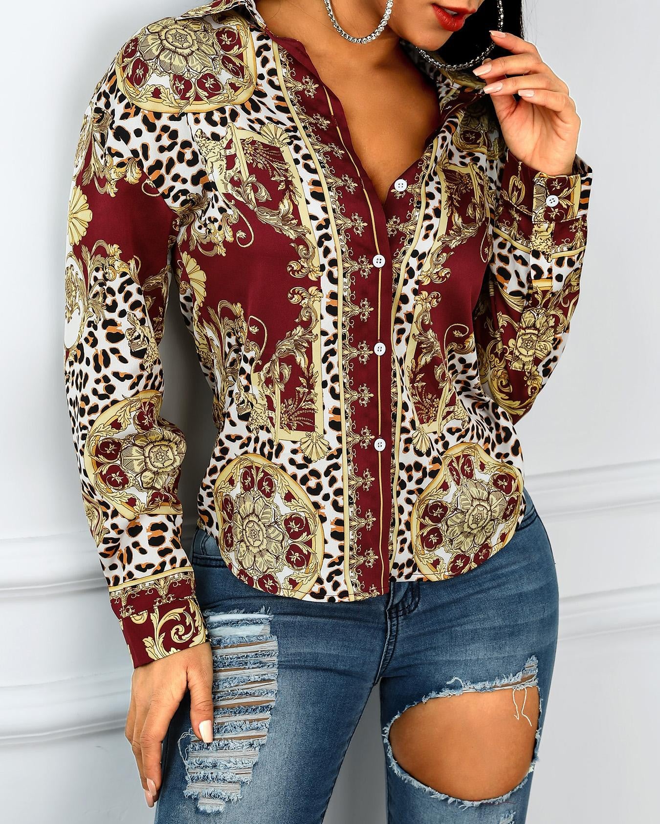 Ethnic Print Button Up Long Sleeve Blouse