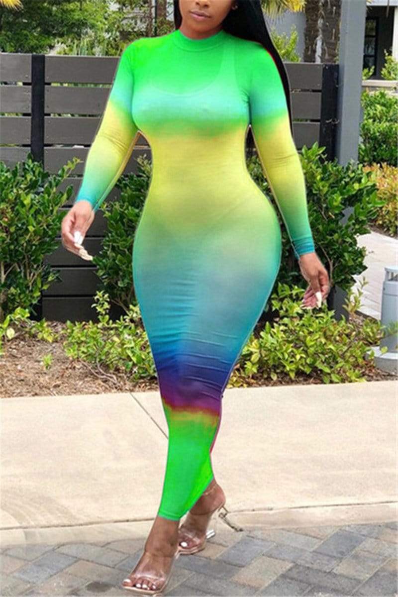 sexy perspective gradient long sleeve dress