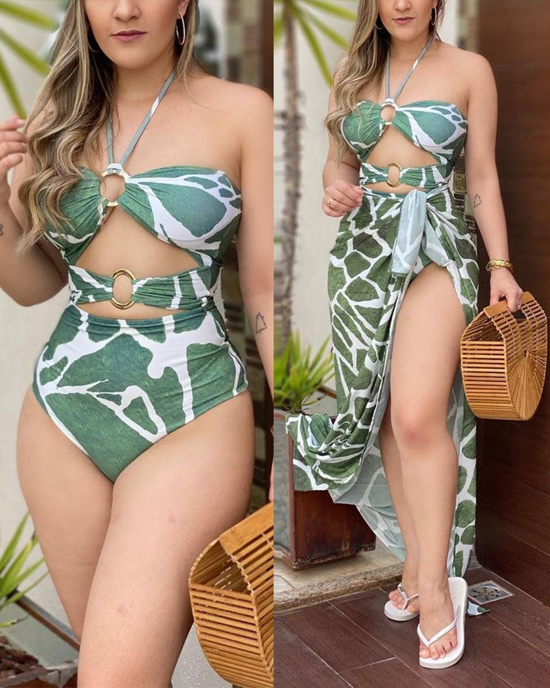 Graphic Print O Ring Halter Cutout One Piece Swimsuit