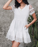 Crochet Lace Pocket Design Short Sleeve Casual Dress