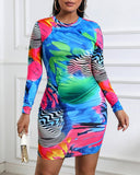 Tie Dye Abstract Print Long Sleeve Bodycon Dress