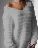 Solid Long Sleeve V Neck Fluffy Sweater