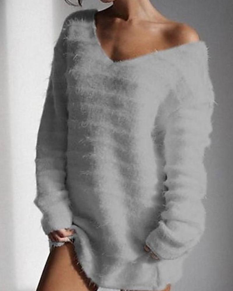 Solid Long Sleeve V Neck Fluffy Sweater