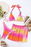 Sexy Gradual Change Print Bandage Patchwork Backless Swimsuit Three Piece Set (With Paddings)