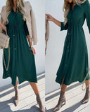 Button Design Ruched Drawstring Casual Dress