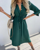 Button Design Ruched Drawstring Casual Dress