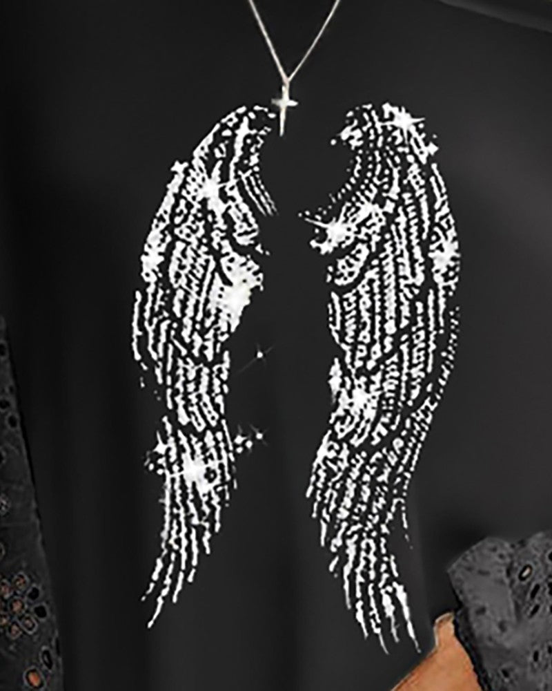 Angle Wings Print Eyelet Embroidery Top