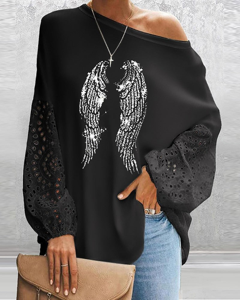 Angle Wings Print Eyelet Embroidery Top