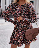 O Neck Puff Sleeve Tied Detail Print Dress