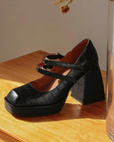 Croc Embossed Square Toe Double Strap Chunky Mary Jane