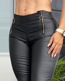 PU Leather Zipper Pocket Design Skinny Pants