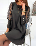 Guipure Lace Patch Lantern Sleeve Casual Dress