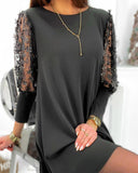 Guipure Lace Patch Lantern Sleeve Casual Dress