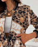 Baroque Print Pocket Detail Zipper Up Baseball Jacket