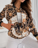 Baroque Print Pocket Detail Zipper Up Baseball Jacket