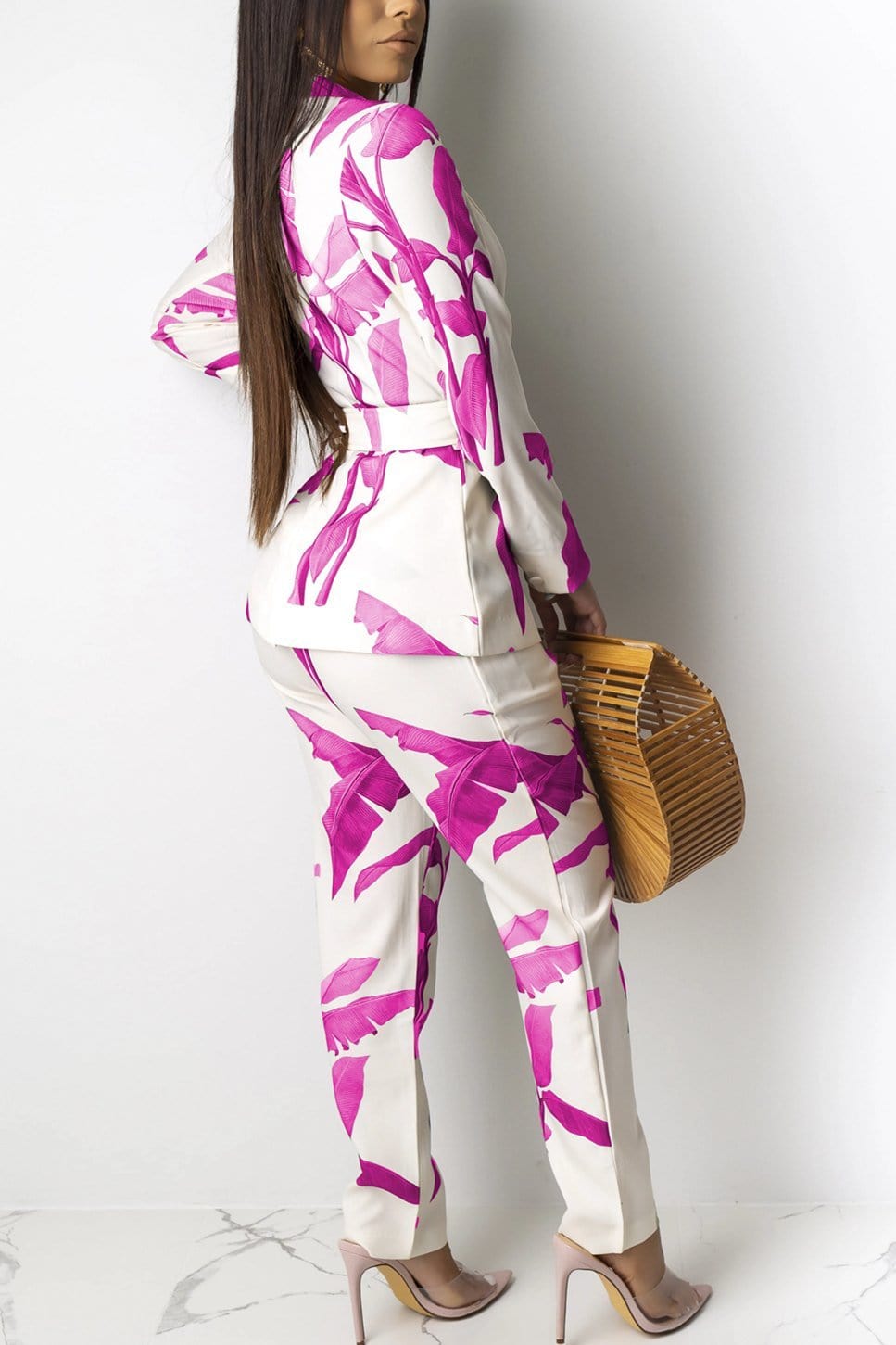 casual leaf print long sleeved two pieces set