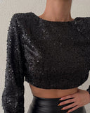 Chain Decor Backless Long Sleeve Sequin Top