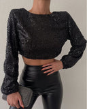 Chain Decor Backless Long Sleeve Sequin Top