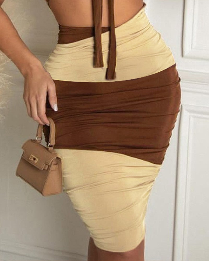 Colorblock Knot Front Crop Cami Top & Skirt Set