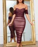 Off Shoulder Sheer Mesh Overlay Ruched Bodycon Dress