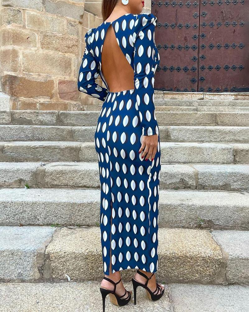 Plunge Allover Print Puff Sleeve Backless Slit Maxi Dress