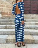 Plunge Allover Print Puff Sleeve Backless Slit Maxi Dress