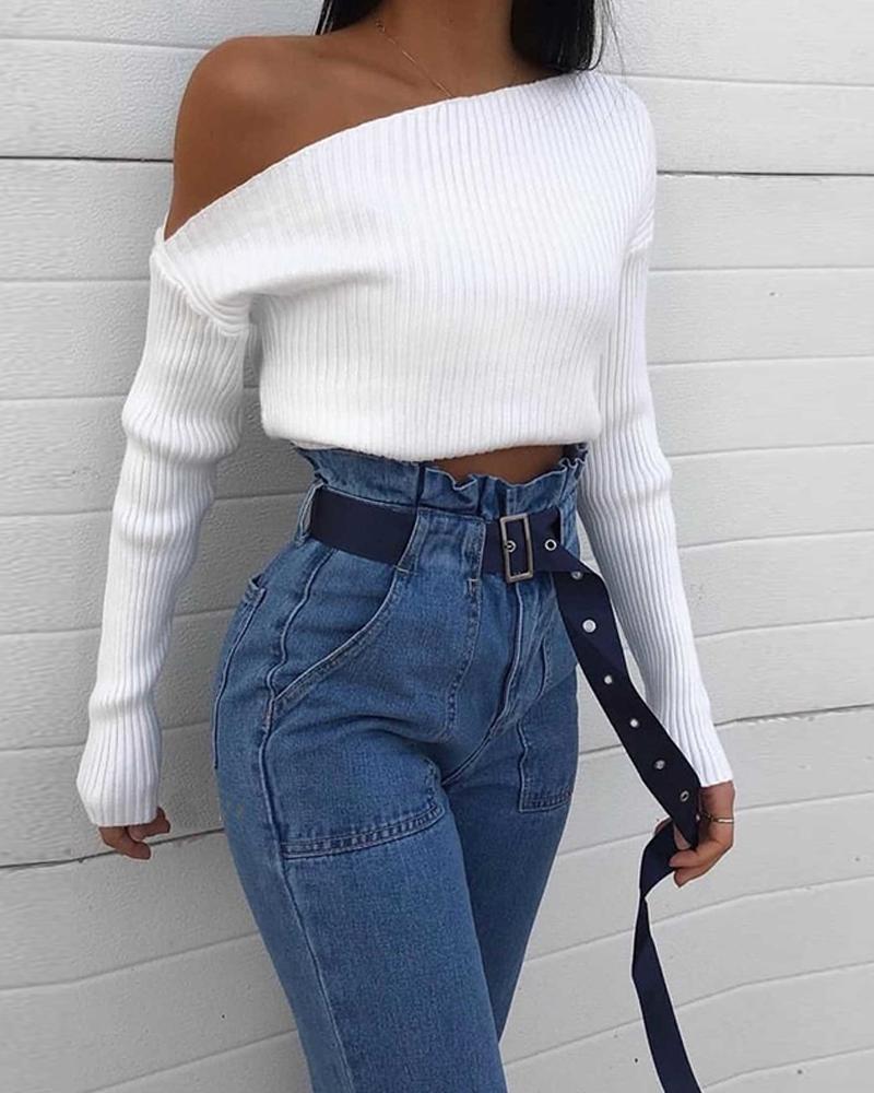 One Shoulder Long Sleeve Knit Sweater