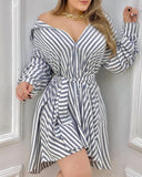 Striped Button Design Long Sleeve Shirt Dress