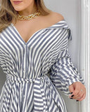 Striped Button Design Long Sleeve Shirt Dress