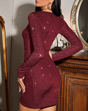 Long Sleeve V Neck Glitter Party Dress