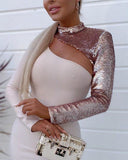 Contrast Sequin Cutout Long Sleeve Skinny Dress