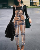 Plaid Print Flag Pocket Pinafore Pants