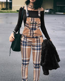 Plaid Print Flag Pocket Pinafore Pants