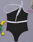 Contrast Binding One Shoulder Cutout One Piece Swimsuit