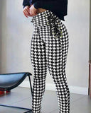 Houndstooth Print High Waist Eyelet Lace up Skinny Pants