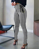 Houndstooth Print High Waist Eyelet Lace up Skinny Pants
